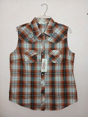 Cumberland Outfitters Brown Plaid Sleeveless Snap Button Western Shirt  Womans L